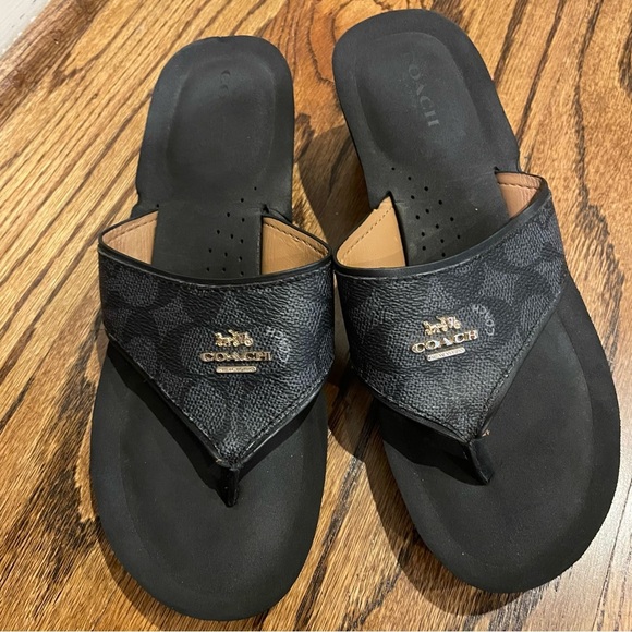 Coach Black Leather Platform Flip-Flops - Picture 4 of 4